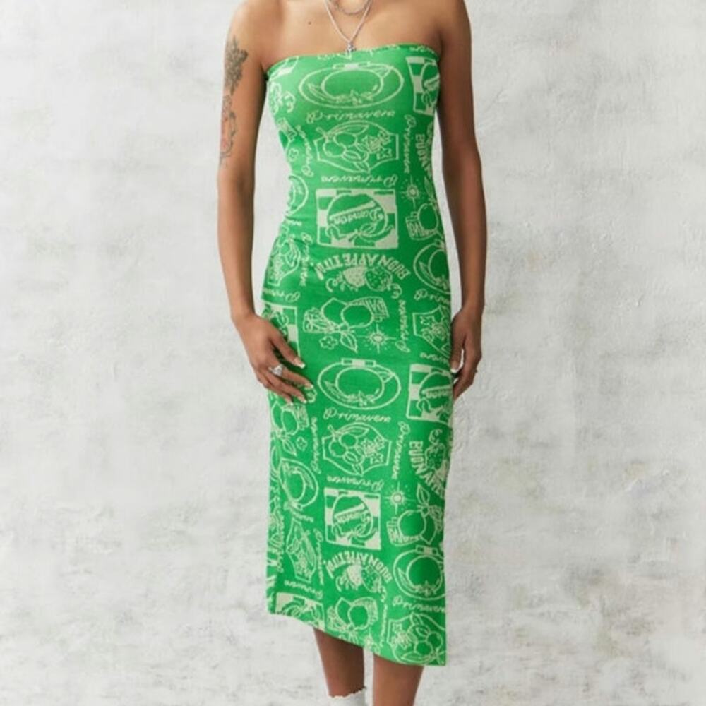 Damson Madder Green Fruit Label Midi Strapless Bodycon Dress Whimsical Quirky